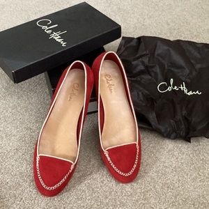 COLE HAAN Just like new; red suede flats size 8b, with bag and box